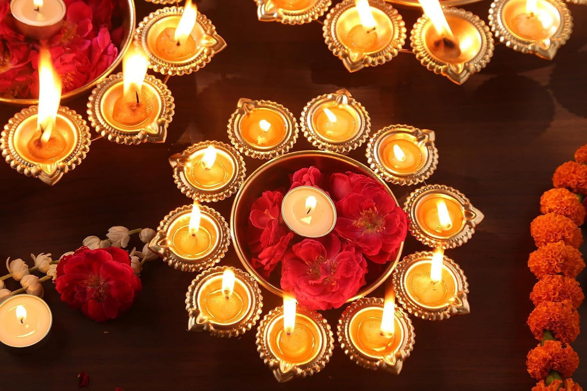 Golden Iron Diya Urli Bowl 10 Inch | Handcrafted Flower Decor with 10 Diyas
