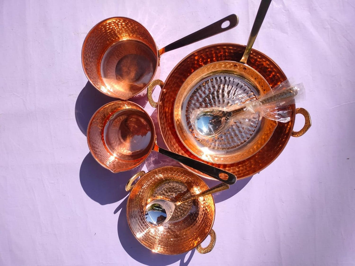 Pure Copper Cookware Set 10 Piece | Sauce Pan, Kadhai & Fry Pan with Brass Handles