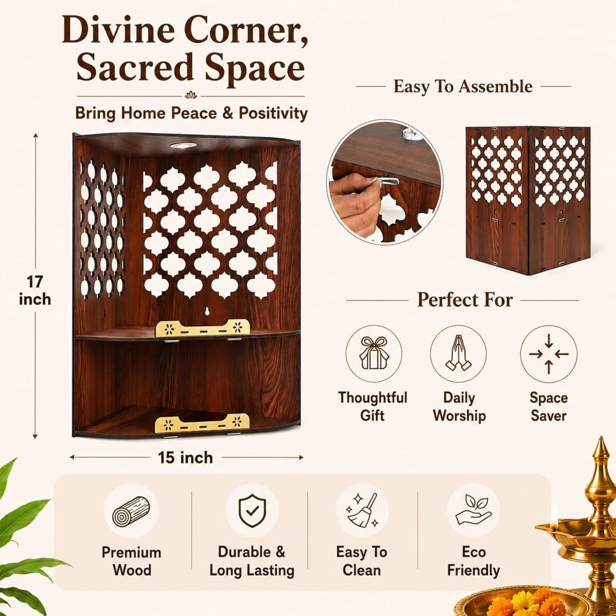 Wooden Wall-Mounted Corner Pooja Mandir with LED Light