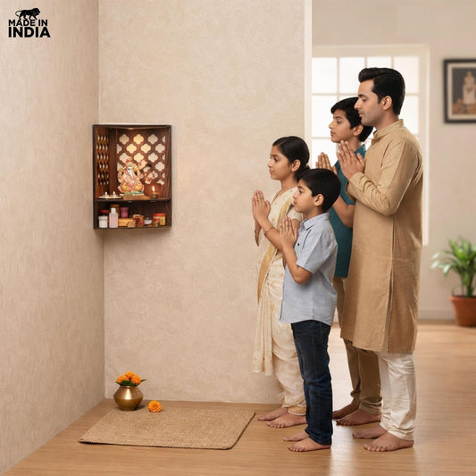 Wooden Wall-Mounted Corner Pooja Mandir with LED Light