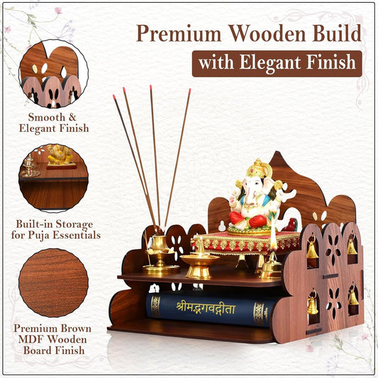 Wooden Pooja Mandir for Home, Wall Mount & Tabletop Temple with Bells