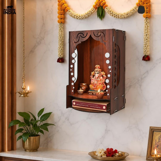 Wooden Temple for Home Wall Mounted | LED Light Compact Pooja Mandir