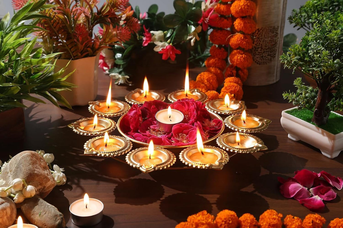 Golden Iron Diya Urli Bowl 10 Inch | Handcrafted Flower Decor with 10 Diyas