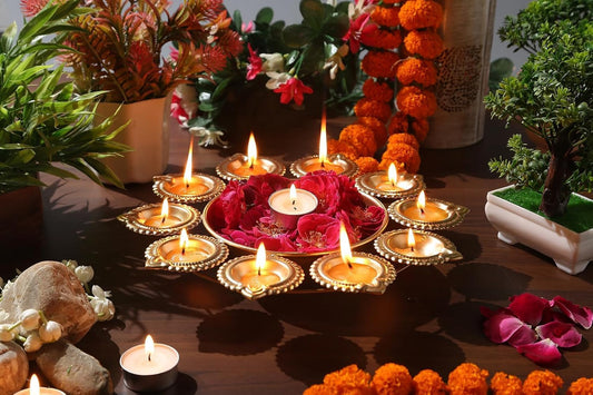 Golden Iron Diya Urli Bowl 10 Inch | Handcrafted Flower Decor with 10 Diyas