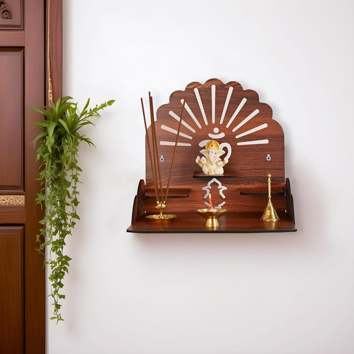 Wooden Puja Mandir with Om, Wall Mount and Table Top Pooja Temple, Medium, for Home, Living Room and Office Decor