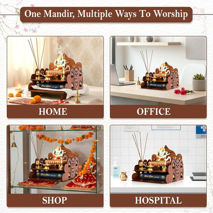 Wooden Pooja Mandir for Home, Wall Mount & Tabletop Temple with Bells