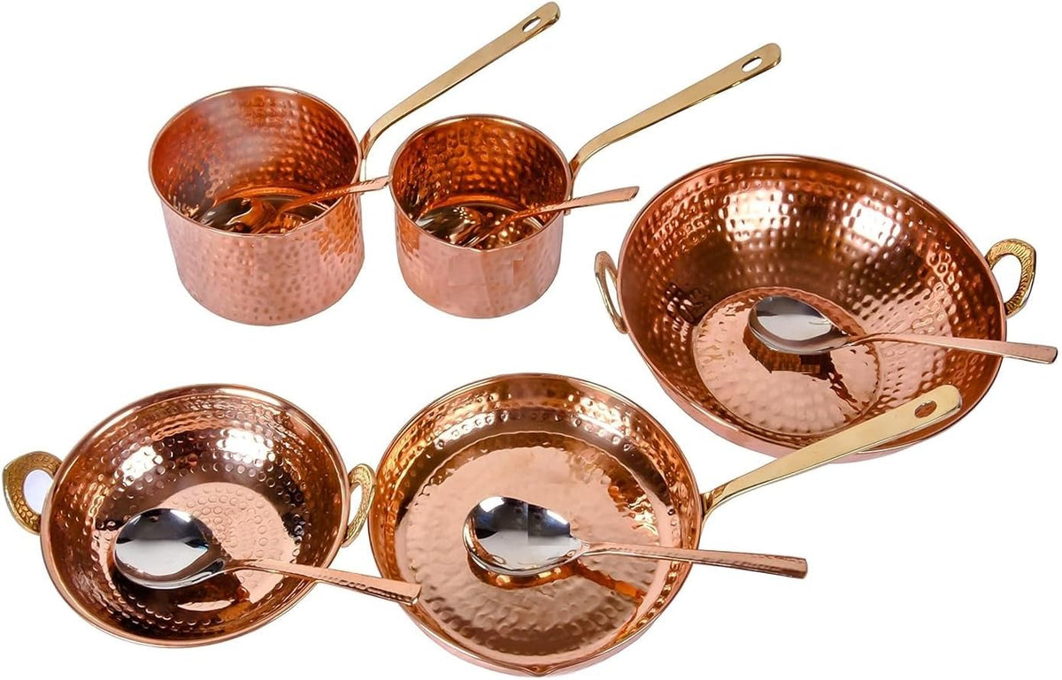 Pure Copper Cookware Set 10 Piece | Sauce Pan, Kadhai & Fry Pan with Brass Handles