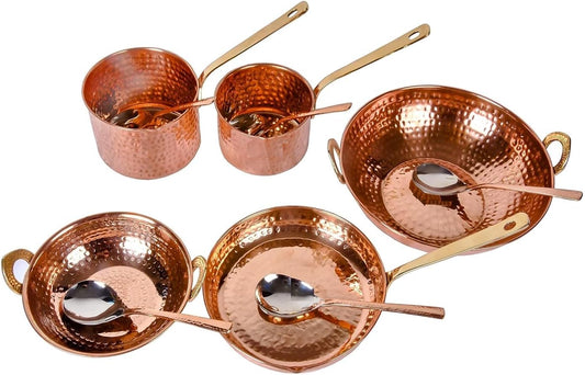 Pure Copper Cookware Set 10 Piece | Sauce Pan, Kadhai & Fry Pan with Brass Handles