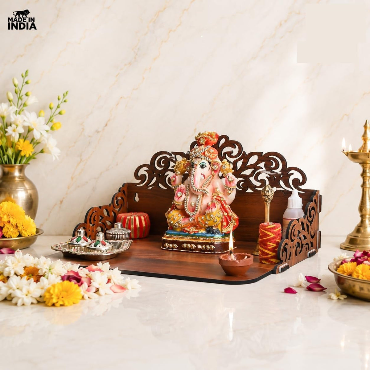 Wooden Pooja Mandir for Home Wall | Small Temple for Office & Room | Indian Wooden Temple for Table or Shelf | Compact DIY Mandir | 12x9x6 Inch | Classic Design