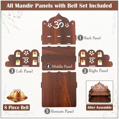 Wooden Pooja Mandir for Home, Wall Mount & Tabletop Temple with Bells