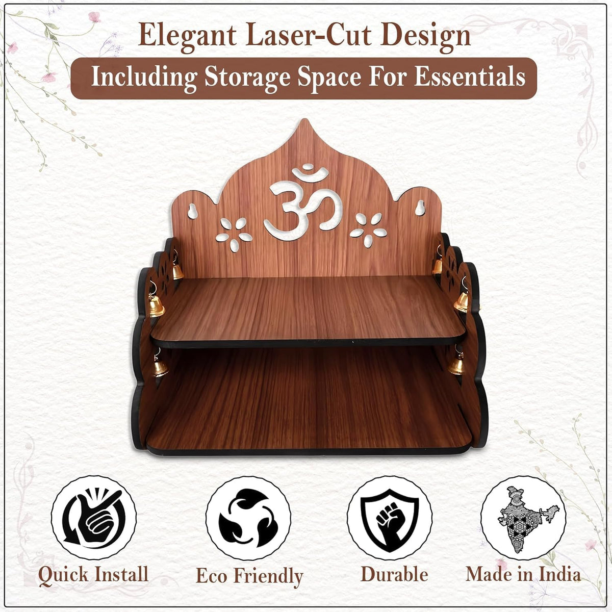 Wooden Pooja Mandir for Home, Wall Mount & Tabletop Temple with Bells
