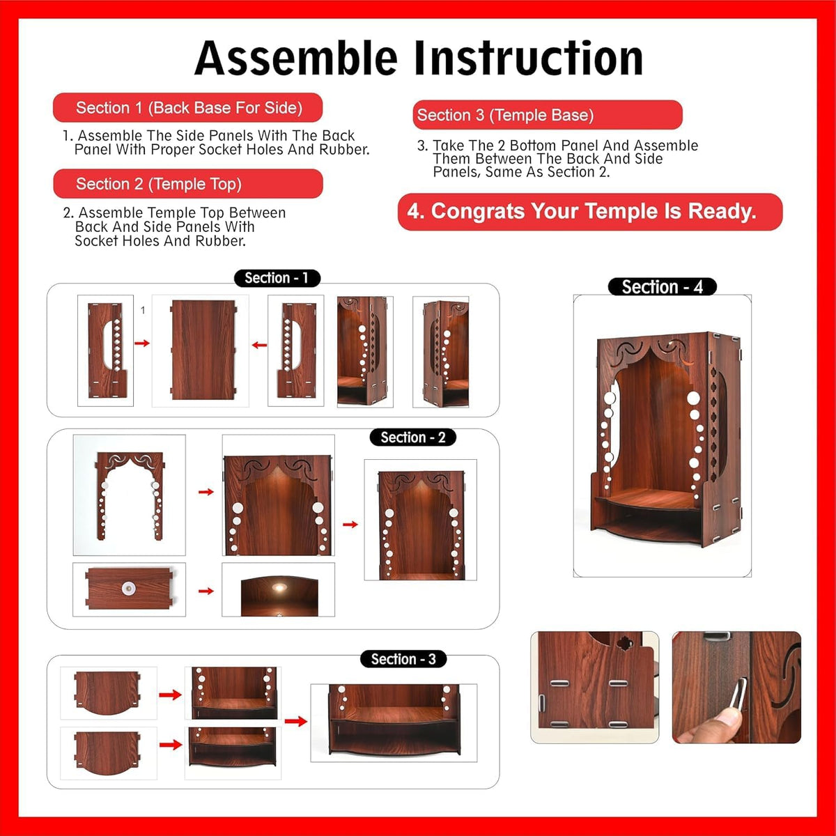 Wooden Temple for Home Wall Mounted | LED Light Compact Pooja Mandir