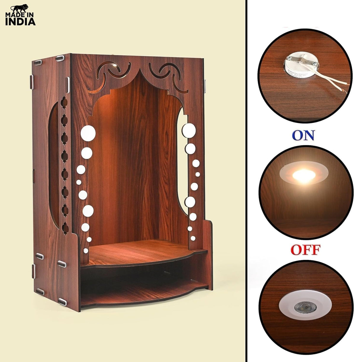 Wooden Temple for Home Wall Mounted | LED Light Compact Pooja Mandir