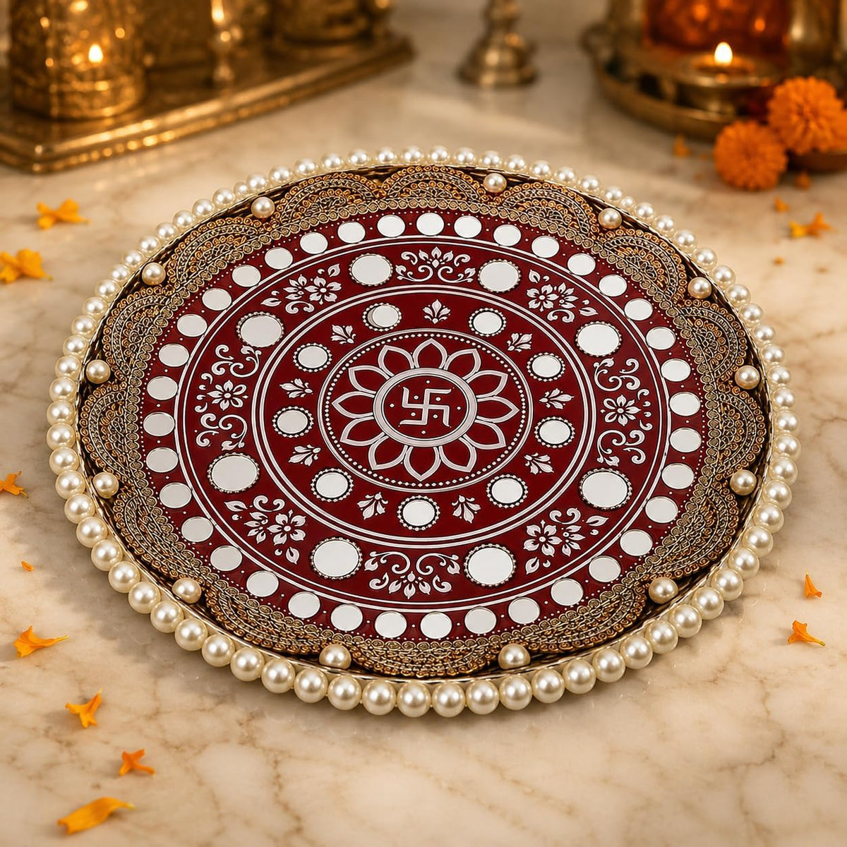 Mirror Work Pooja Thali for Diwali, Karwa Chauth & Navratri