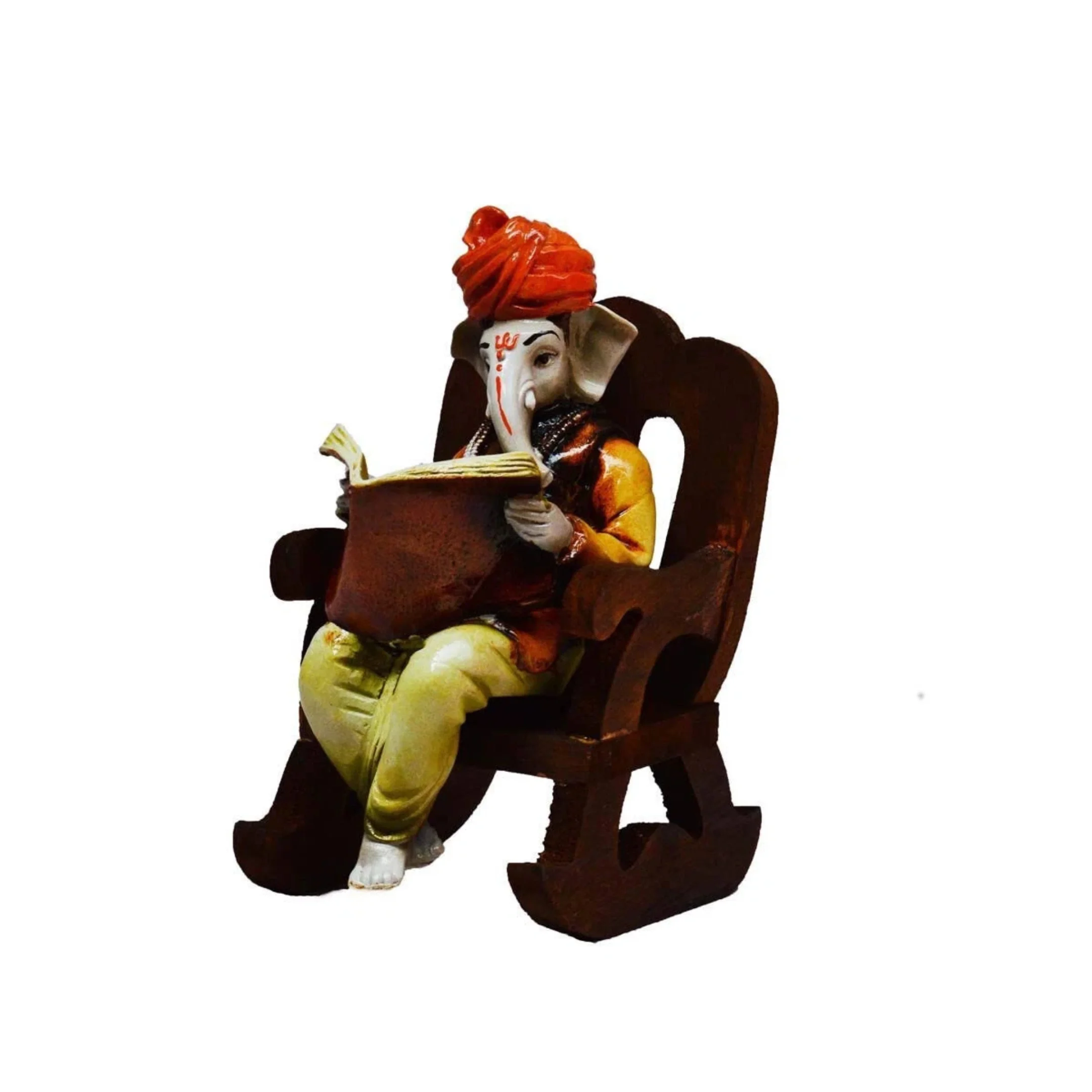 Lord Ganesha Reading Book on Wooden Chair (LxWxH - 4INx5INx6.5IN)