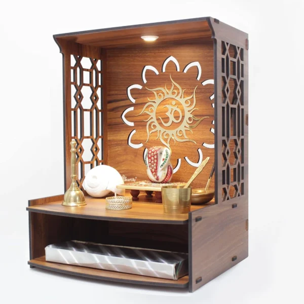 Beautiful Wooden Pooja Stand for Home, Temple, Office, Wall Mounted Puja Mandir with LED Spot Light, Size