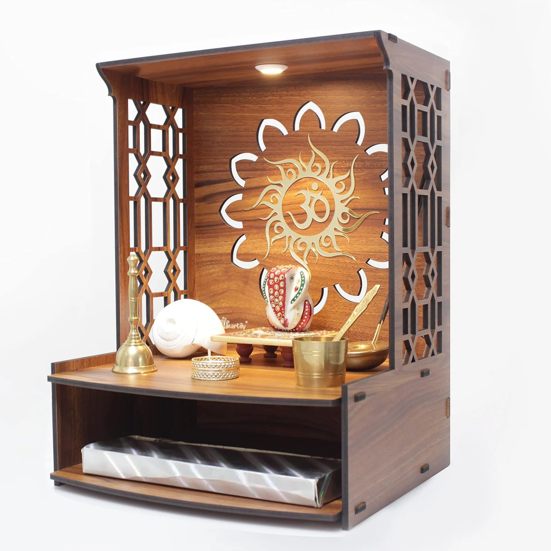 Beautiful Wooden Pooja Stand for Home, Temple, Office, Wall Mounted Puja Mandir with LED Spot Light, Size