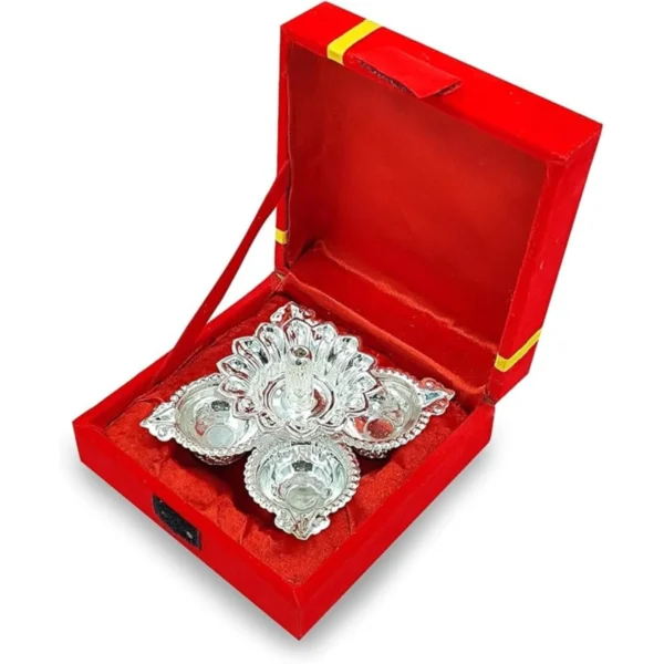 Silver Plated Diya with Red Velvet Gift Box Panchmukhi Dia Pooja Items Diwali Decoration Puja Gifts Handmade Oil Lamp Traditional Indian Deepawali Gift Items