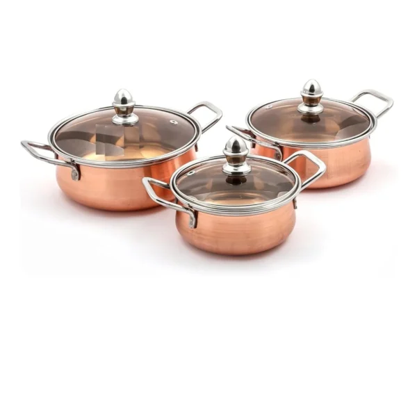 Minar Copper with Glass Lid Cookware Set (Stainless Steel, Copper, 3 - Piece)