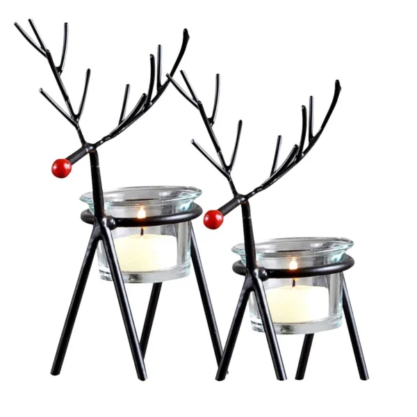 Set of 2 Christmas Reindeer Tealight Candle Holders with Glass Holders