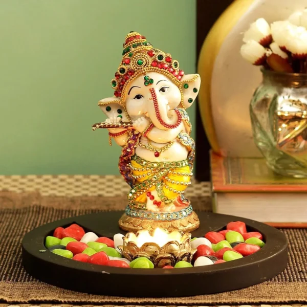 Ganesha Idol Playing Bansuri with Wooden Flower Tealight Candle Holder Statue