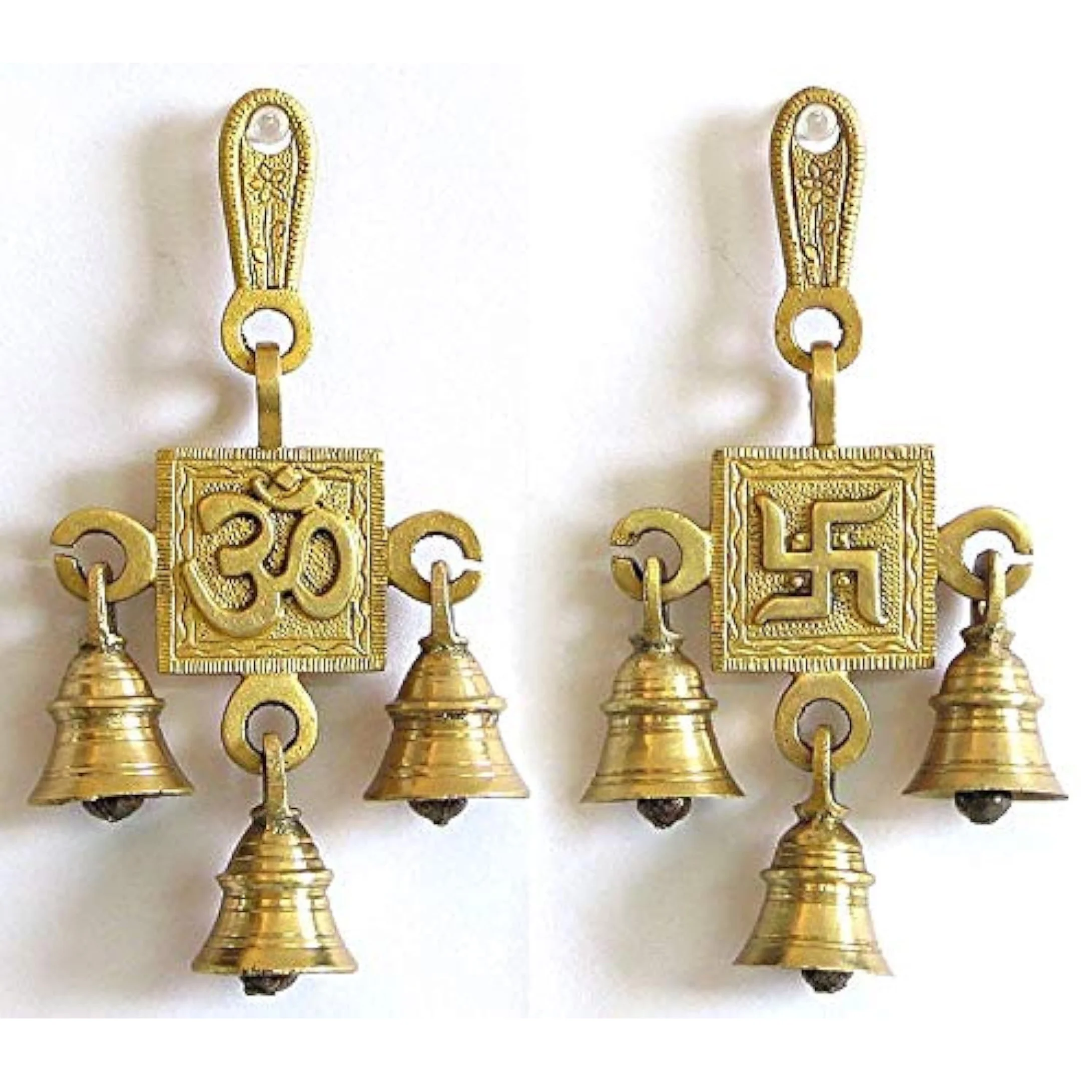 Brass Hanging Bells Religious (OM_Swastik, Gold), 15 cm